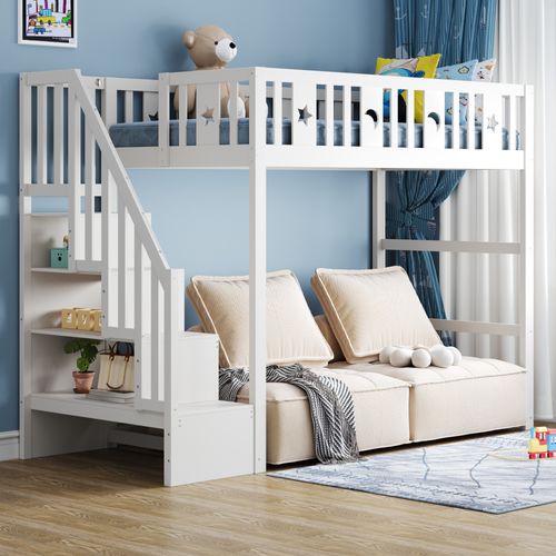 Lit Mezzanine 90x200 Cm En Bois Blanc Avec Escalier, Décor Étoiles Et Lune