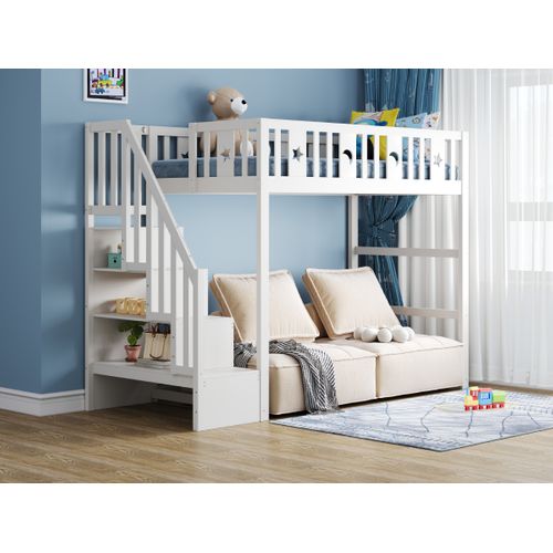 Lit Mezzanine 90x200 Cm En Bois Blanc Avec Escalier, Décor Étoiles Et Lune