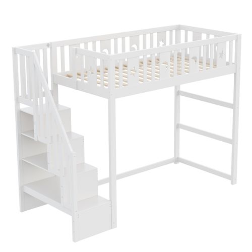 Lit Mezzanine 90x200 Cm En Bois Blanc Avec Escalier, Décor Étoiles Et Lune