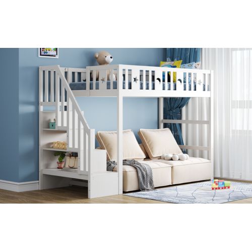 Lit Mezzanine 90x200 Cm En Bois Blanc Avec Escalier, Décor Étoiles Et Lune