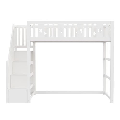Lit Mezzanine 90x200 Cm En Bois Blanc Avec Escalier, Décor Étoiles Et Lune