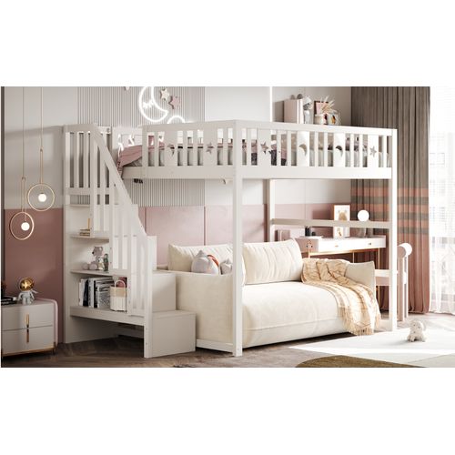 Lit Superposé 140x200 Cm En Bois Blanc Avec Escalier Et Décor Étoiles Et Lune