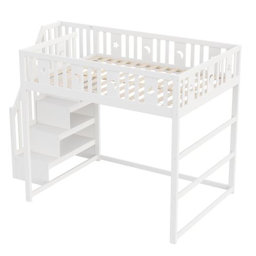 Lit Superposé 140x200 Cm En Bois Blanc Avec Escalier Et Décor Étoiles Et Lune