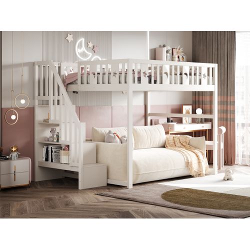 Lit Superposé 140x200 Cm En Bois Blanc Avec Escalier Et Décor Étoiles Et Lune
