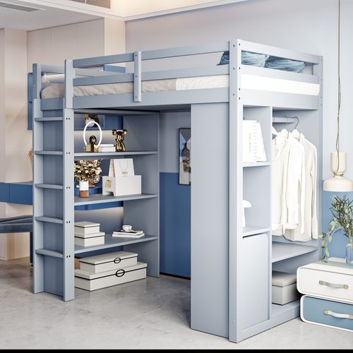 Lit Mezzanine 90x200 Cm Avec Étagères, Penderie Et Chariot De Rangement, Gris