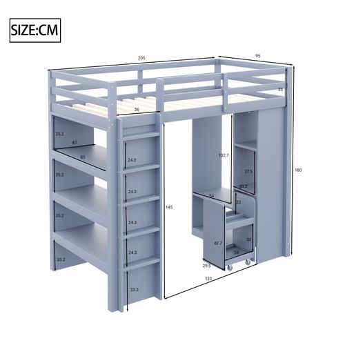 Lit Mezzanine 90x200 Cm Avec Étagères, Penderie Et Chariot De Rangement, Gris