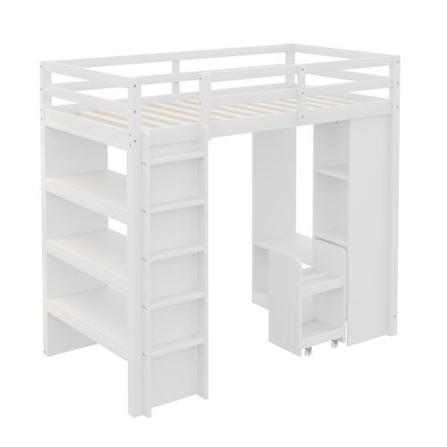 Lit Mezzanine 90x200 Cm Avec Étagères, Penderie Et Chariot De Rangement, Blanc