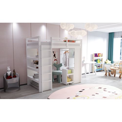 Lit Mezzanine 90x200 Cm Avec Étagères, Penderie Et Chariot De Rangement, Blanc