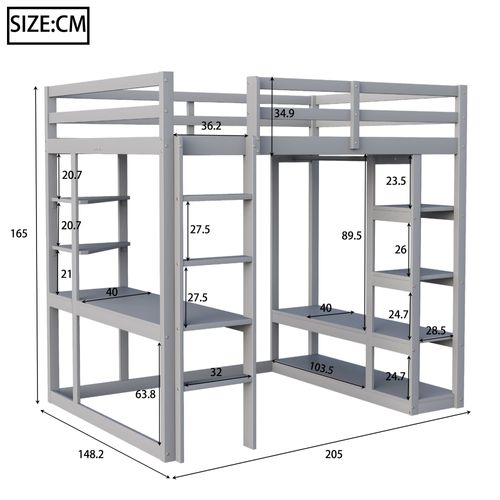 Lit Mezzanine 140x200 Cm En Bois Massif Avec Bureau, Étagères Et Penderie, Gris