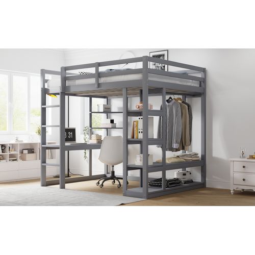 Lit Mezzanine 140x200 Cm En Bois Massif Avec Bureau, Étagères Et Penderie, Gris