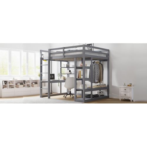 Lit Mezzanine 140x200 Cm En Bois Massif Avec Bureau, Étagères Et Penderie, Gris