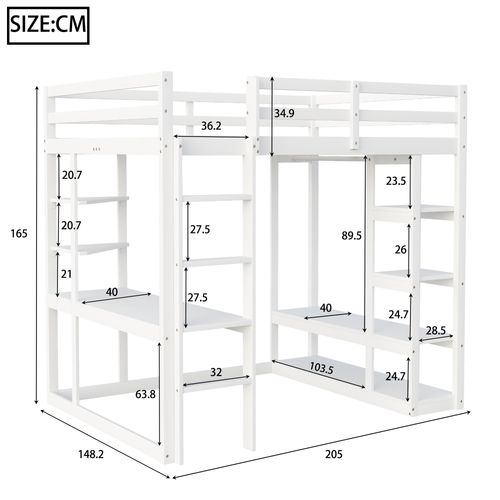 Lit Mezzanine 140x200 Cm En Bois Massif Avec Bureau, Étagères Et Penderie, Blanc