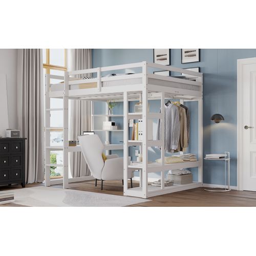 Lit Mezzanine 140x200 Cm En Bois Massif Avec Bureau, Étagères Et Penderie, Blanc
