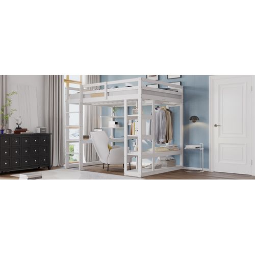 Lit Mezzanine 140x200 Cm En Bois Massif Avec Bureau, Étagères Et Penderie, Blanc