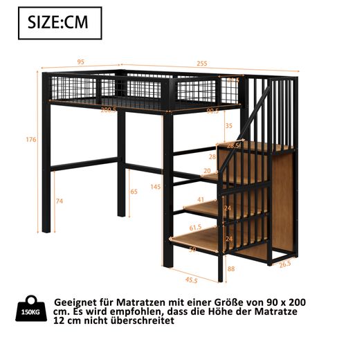 Lit Mezzanine 90x200 Cm En Métal Avec Échelle, Étagères Et Armoire Intégrée, Noir