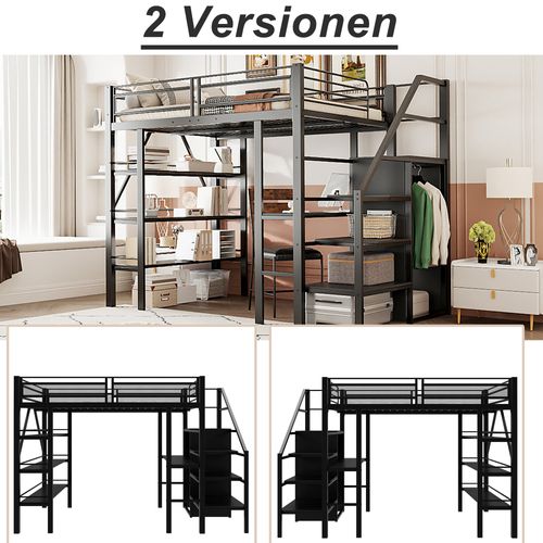 Lit Mezzanine 140x200 Cm Noir Avec Bureau, Armoire, Étagères Et Escalier De Rangement Sécurisé, Noir