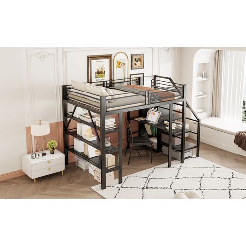 Lit Mezzanine 140x200 Cm Noir Avec Bureau, Armoire, Étagères Et Escalier De Rangement Sécurisé, Noir