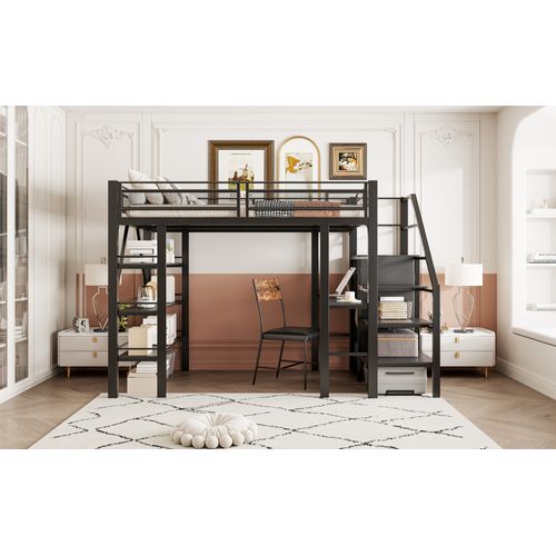 Lit Mezzanine 140x200 Cm Noir Avec Bureau, Armoire, Étagères Et Escalier De Rangement Sécurisé, Noir