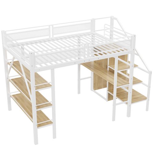 Lit Mezzanine 140x200 Cm Noir Avec Bureau, Armoire, Étagères, Blanc