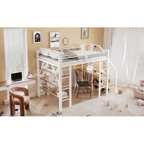 Lit Mezzanine 140x200 Cm Noir Avec Bureau, Armoire, Étagères, Blanc