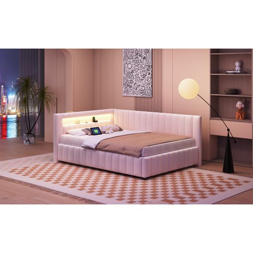 Canapé-lit 140x200 Cm En Velours Avec LED Et Port USB, Coloris Beige