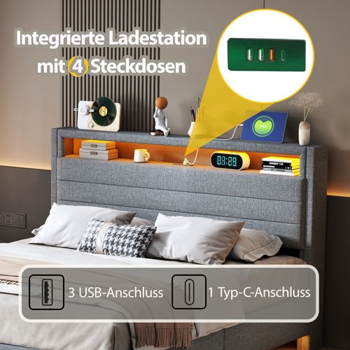 Lit Rembourré 140x200 Cm Avec Rangement Hydraulique, LED Et Port USB Gris