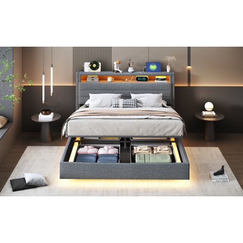 Lit Rembourré 140x200 Cm Avec Rangement Hydraulique, LED Et Port USB Gris
