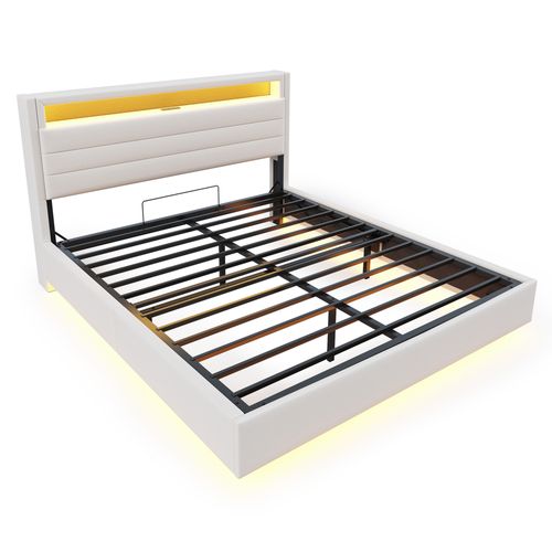 Lit Rembourré 160x200 Cm Avec Rangement Hydraulique, LED Et Port USB Beige