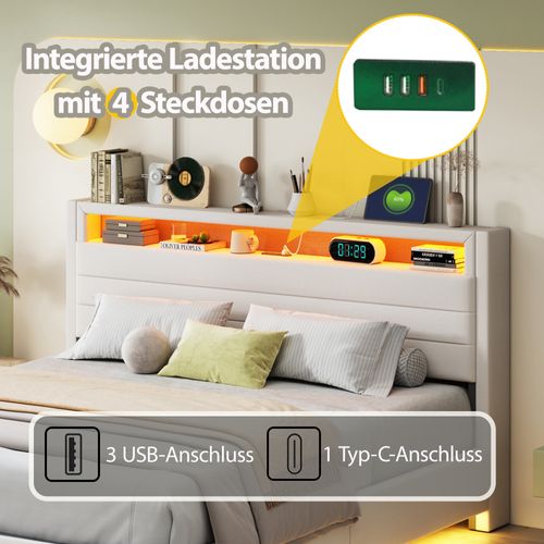 Lit Rembourré 160x200 Cm Avec Rangement Hydraulique, LED Et Port USB Beige