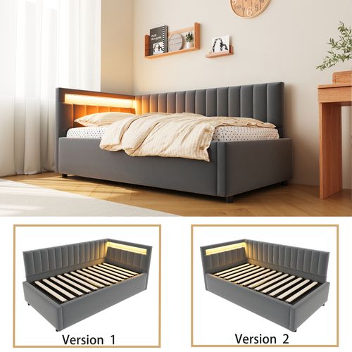 Canapé-lit 90x200 Cm En Velours Gris Foncé Avec LED, Rangement Hydraulique Et Sommier