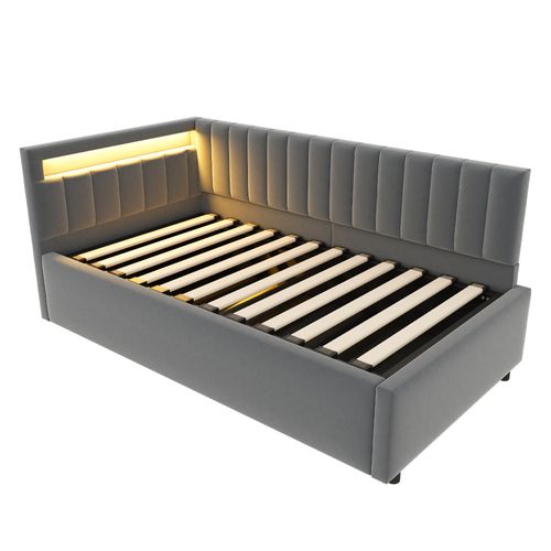 Canapé-lit 90x200 Cm En Velours Gris Foncé Avec LED, Rangement Hydraulique Et Sommier