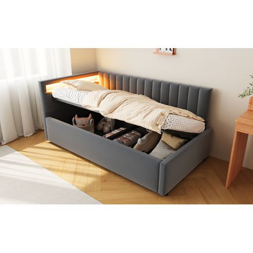 Canapé-lit 90x200 Cm En Velours Gris Foncé Avec LED, Rangement Hydraulique Et Sommier