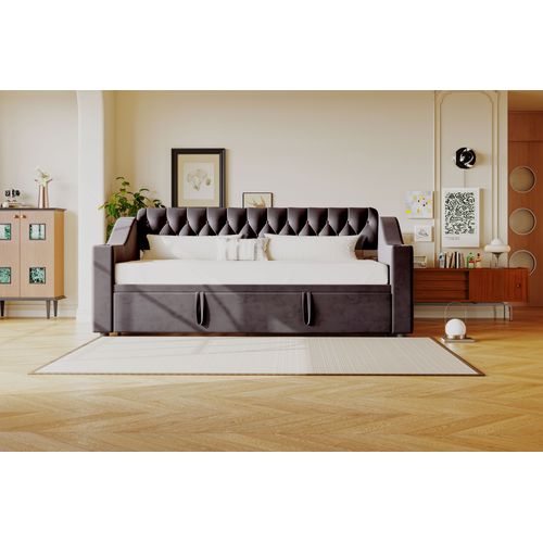 Canapé-lit 90/180x190 Cm Velours Gris Foncé Avec Rangement Et USB Intégré