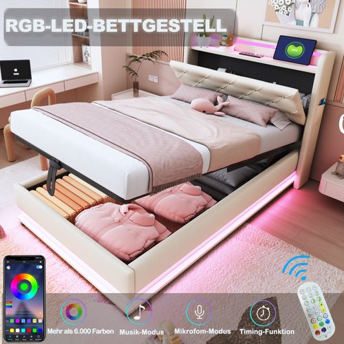 Lit Enfant 90x200 Cm En Lin Beige Avec LED, Rangement Hydraulique Et USB