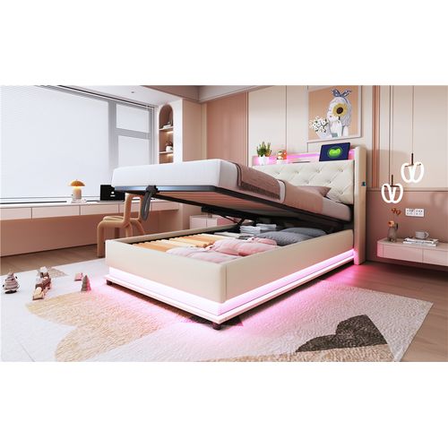 Lit Enfant 90x200 Cm En Lin Beige Avec LED, Rangement Hydraulique Et USB