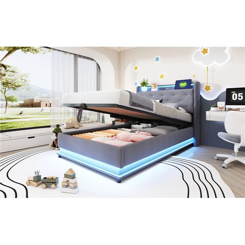 Lit Enfant 90x200 Cm En Lin Gris Avec LED, Rangement Hydraulique Et USB