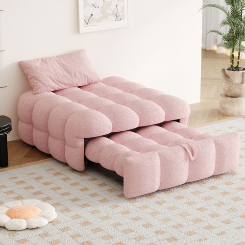 Lit rembourré,  2-en-1 En Tissu Teddy Rose, Canapé Convertible Pratique