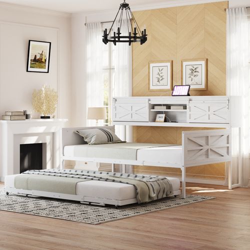 Lit gigogne 90x200 Cm En Métal Noir, Avec Rangements Et Prises, Blanc