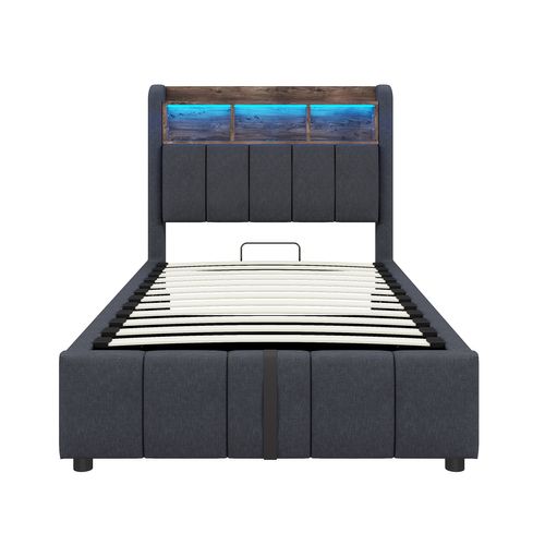 Lit Enfant 90x200 Cm Avec LED, Rangement Hydraulique Et Ports USB, Tissu Gris