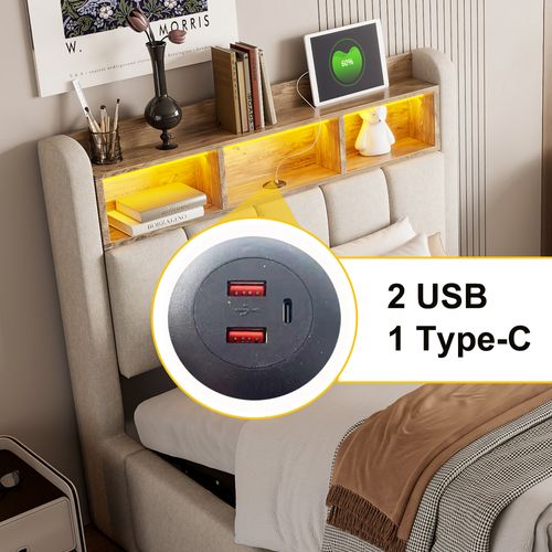 Lit Enfant 90x200 Cm Avec LED, Rangement Hydraulique Et Ports USB, Tissu Beige