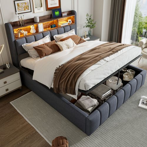 Lit Enfant 180x200 Cm Avec LED, Rangement Hydraulique Et Ports USB, Tissu Gris