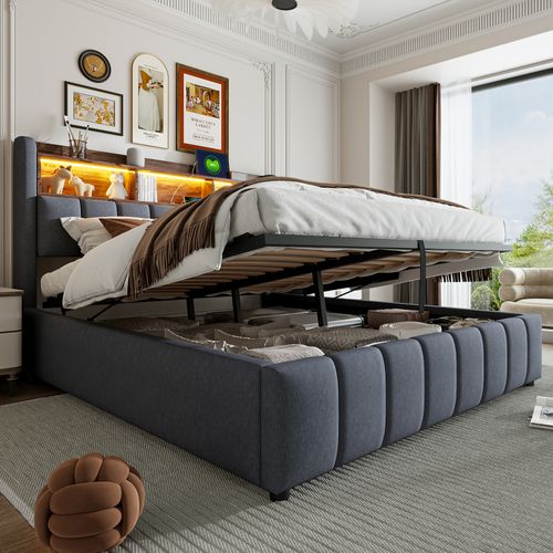 Lit Enfant 180x200 Cm Avec LED, Rangement Hydraulique Et Ports USB, Tissu Gris