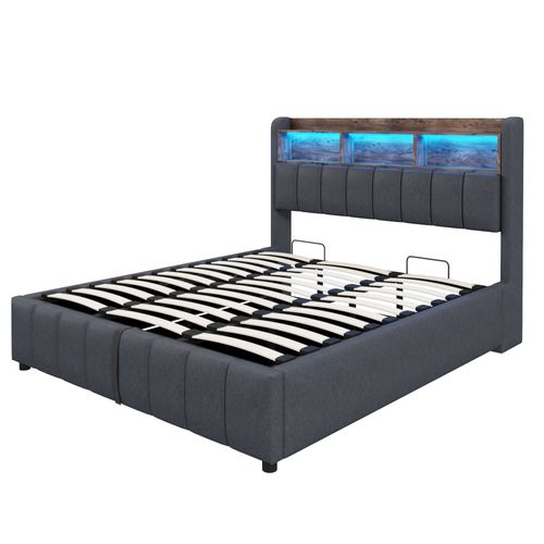 Lit Enfant 180x200 Cm Avec LED, Rangement Hydraulique Et Ports USB, Tissu Gris