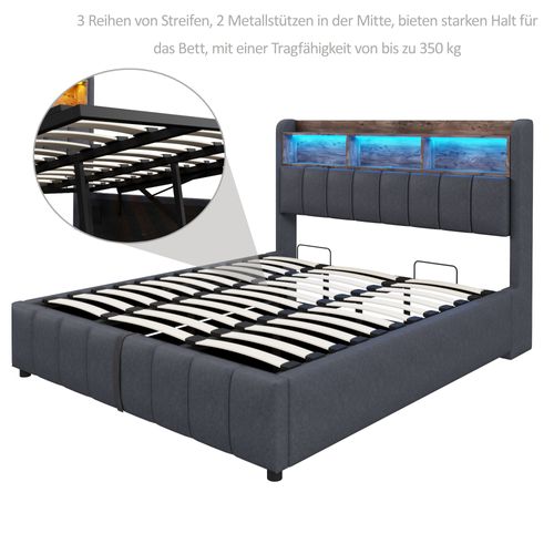 Lit Enfant 180x200 Cm Avec LED, Rangement Hydraulique Et Ports USB, Tissu Gris