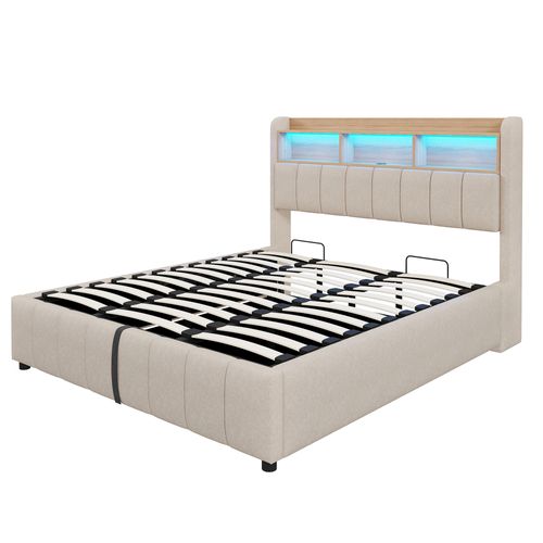 Lit Enfant 180x200 Cm Avec LED, Rangement Hydraulique Et Ports USB, Tissu Beige