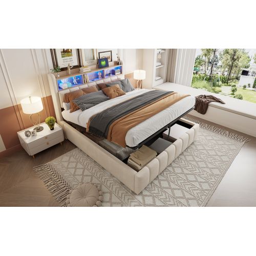 Lit Enfant 180x200 Cm Avec LED, Rangement Hydraulique Et Ports USB, Tissu Beige