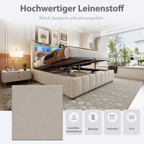 Lit Enfant 180x200 Cm Avec LED, Rangement Hydraulique Et Ports USB, Tissu Beige