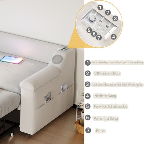 Lit Gigogne 90/180x190 Cm Avec Bluetooth, USB Et Rangements, Tissu Velours Beige