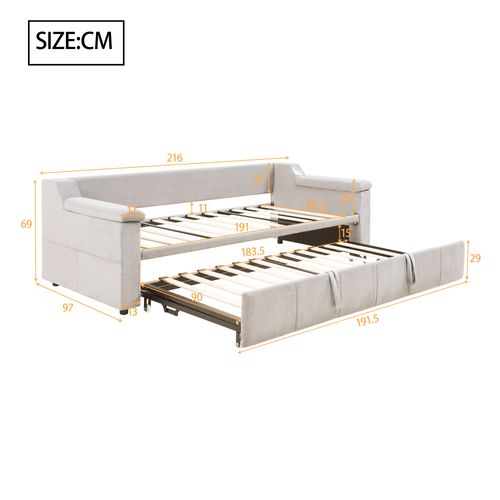 Lit Gigogne 90/180x190 Cm Avec Bluetooth, USB Et Rangements, Tissu Velours Beige