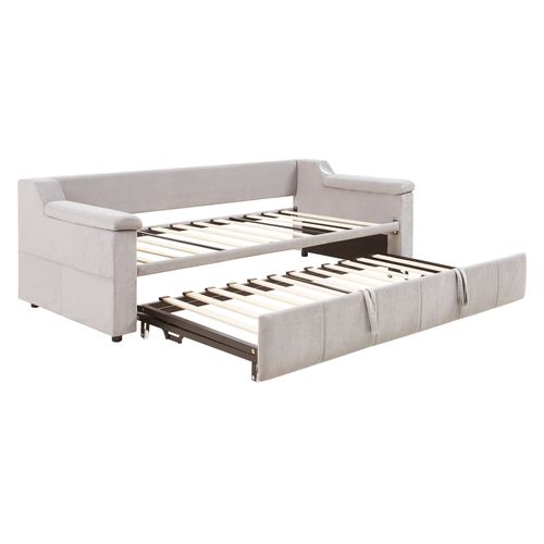 Lit Gigogne 90/180x190 Cm Avec Bluetooth, USB Et Rangements, Tissu Velours Beige